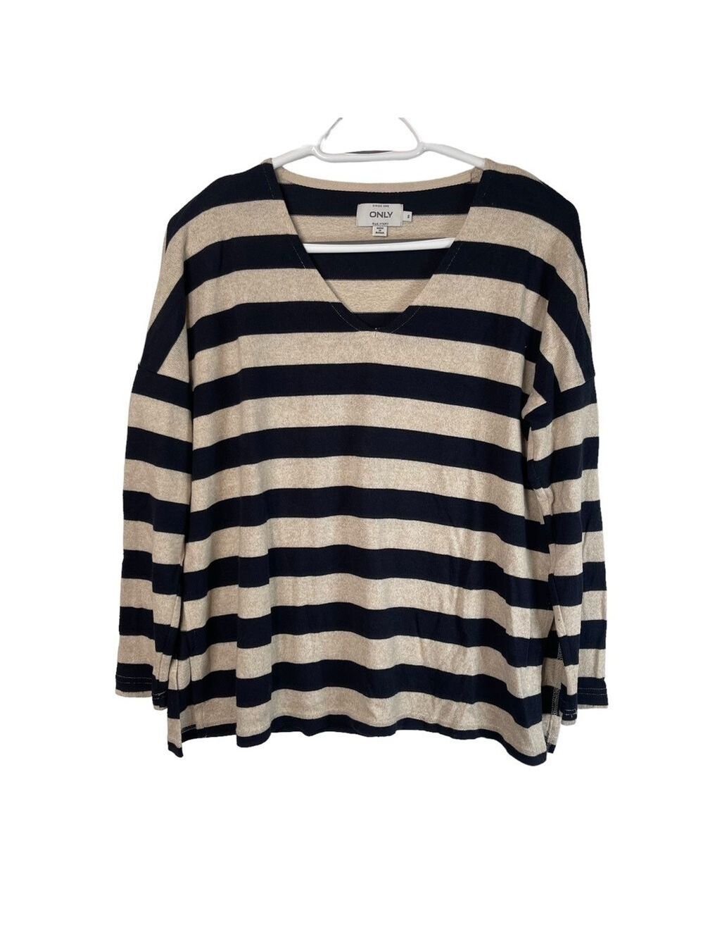 Only Women's Blue Cream Striped Sweater Size Small V Neck Long Sleeve Knit Top